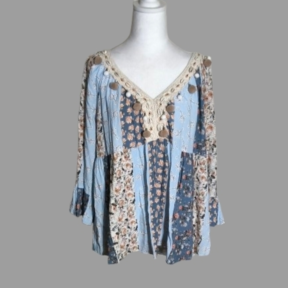 Made in Italy Women’s Boho Floral Patchwork Tunic Top Crochet Lace Trim Blue